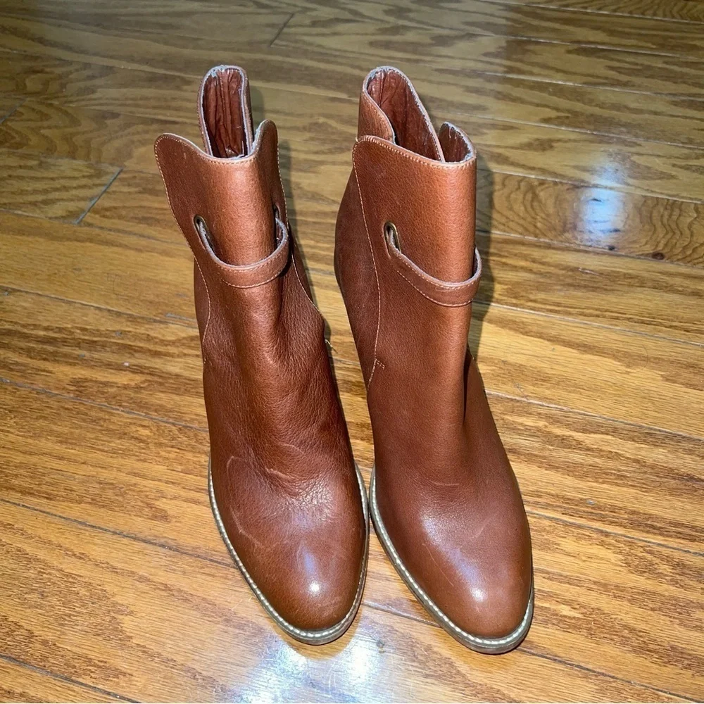 FARYL Brown Leather Stacked Heeled Booties with Buckle Size 10 - Picture 11 of 11